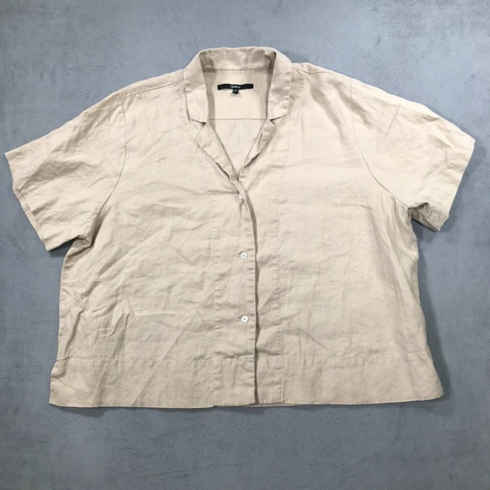 Quince Linen Shirt Women XL Beige Flax Short Sleeve Boxy Button Up Coastal Beach
